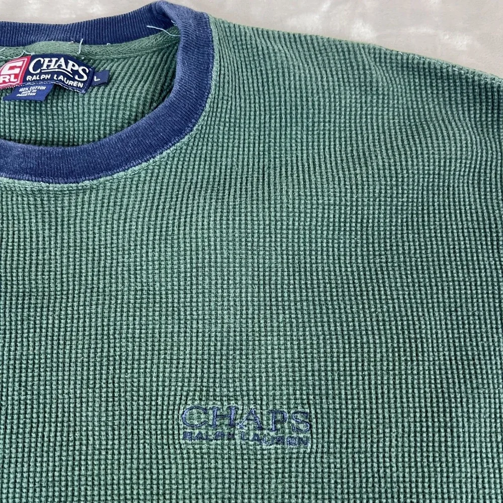 Vintage‎ Y2K Chaps Ralph Lauren Sweater Large Green Waffle Knit Thermal Grunge